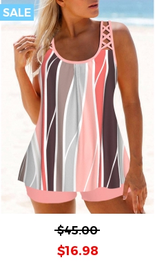 Criss Cross Geometric Print Pink Tankini Top