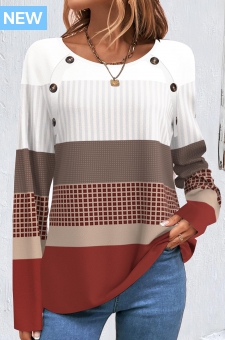 Wine Red Patchwork Geometric Print Long Sleeve Sweatshirt