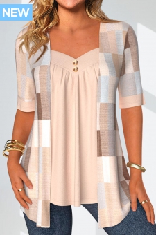 Beige Patchwork Geometric Print Half Sleeve Blouse