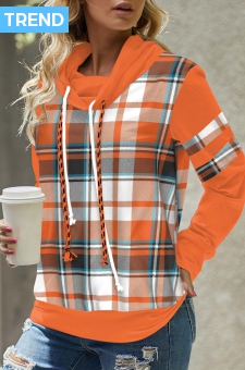 Orange Patchwork Plaid Long Sleeve Cowl Neck Sweatshirt