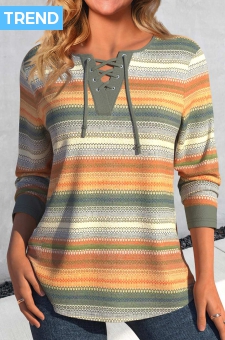 Multi Color Lace Up Striped T Shirt
