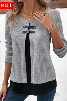 Light Grey Marl Layered Long Sleeve Blouse