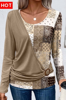 Light Camel Asymmetry Patchwork Long Sleeve T Shirt