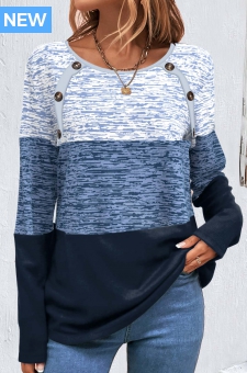 Plus Size Blue Patchwork Striped Long Sleeve Sweatshirt