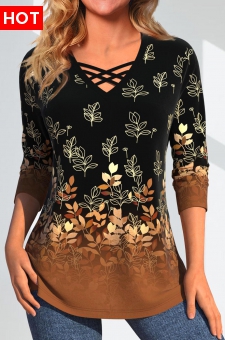 Plus Size Dark Camel Criss Cross T Shirt