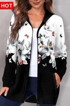 Plus Size Multi Color Pocket Floral Print Hooded Coat
