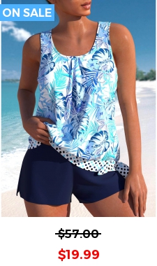 Plus Size High Waisted Bowknot Blue Tankini Set
