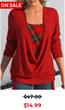 Red Drawstring Plaid Long Sleeve Square Neck Sweatshirt