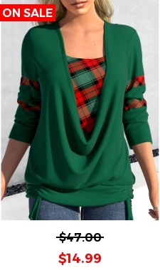 Blackish Green Drawstring Plaid Long Sleeve Sweatshirt