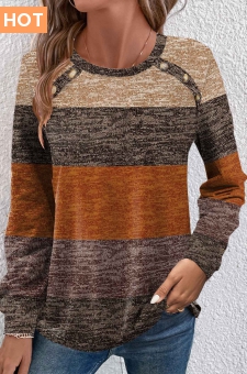 Dark Camel Button Striped Long Sleeve T Shirt