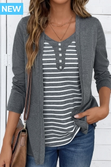 Dark Grey Marl Fake 2in1 Striped T Shirt