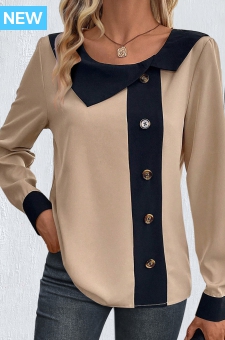 Light Camel Patchwork Long Sleeve Asymmetrical Neck Blouse