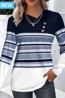 Navy Patchwork Striped Long Sleeve Asymmetrical Neck Sweatshirt