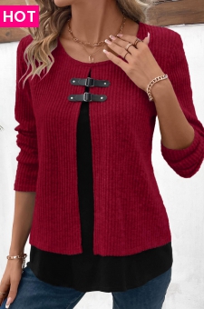 Wine Red Fake 2in1 Long Sleeve Blouse