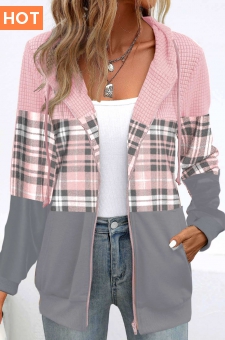 Light Pink Patchwork Plaid Long Sleeve Hoodie