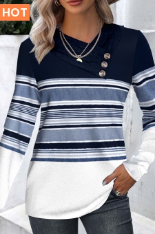Navy Patchwork Striped Long Sleeve Asymmetrical Neck Sweatshirt