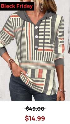 Multi Color Button Geometric Print Long Sleeve Hoodie
