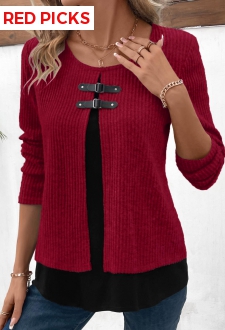 Wine Red Fake 2in1 Long Sleeve Blouse