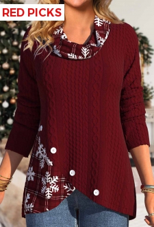 Deep Red Button Snowflake Print Long Sleeve Sweatshirt