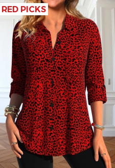 Red Button Leopard Long Sleeve Shirt Collar Blouse