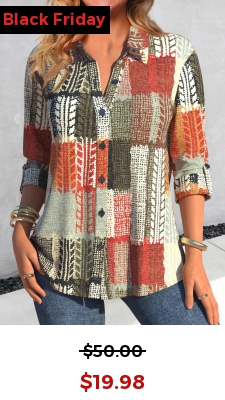 Multi Color Button Geometric Print Long Sleeve Blouse