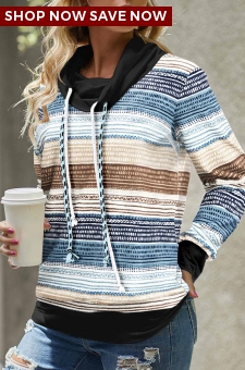 Blue Geometric Print Long Sleeve Cowl Neck Sweatshirt