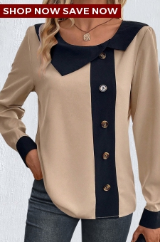 Light Camel Patchwork Long Sleeve Asymmetrical Neck Blouse