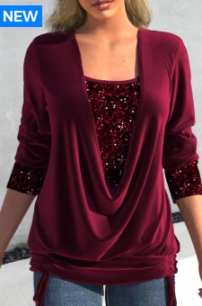 Wine Red Sequin Long Sleeve T Shirt