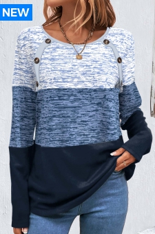 Blue Patchwork Striped Long Sleeve Round Neck Sweatshirt