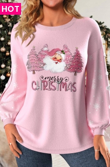 Light Pink Button Christmas Print Long Sleeve Sweatshirt