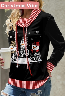 Black Patchwork Snowman Print Christmas Long Sleeve Cowl Neck Sweatshirt