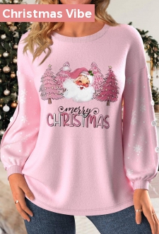 Light Pink Button Christmas Print Long Sleeve Sweatshirt