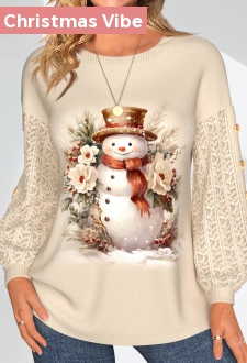 Light Camel Lace Santa Claus Print Long Sleeve Sweatshirt