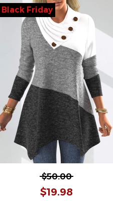 Decorative Button Patchwork Long Sleeve Asymmetrical Neck Sweatshirt