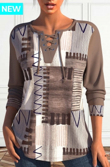 Light Coffee Lace Up Geometric Print Long Sleeve Sweatshirt