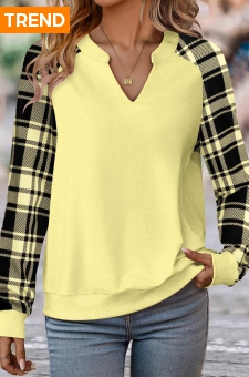 Light Yellow Split Plaid Long Sleeve Sweatshirt