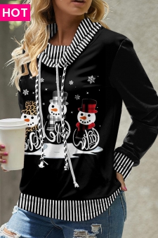 Black Patchwork Snowman Print Christmas Cowl Neck Sweatshirt