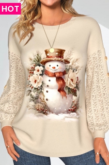 Light Camel Lace Santa Claus Print Long Sleeve Sweatshirt