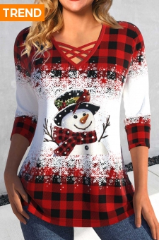 Red Criss Cross Snowman Print Long Sleeve T Shirt