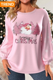 Light Pink Button Christmas Print Long Sleeve Sweatshirt
