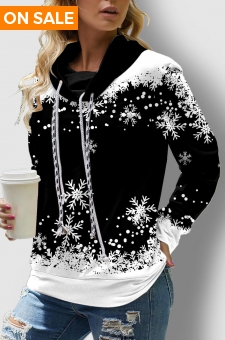 Long Sleeve Black Christmas Snowflake Print Sweatshirt