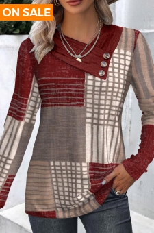 Wine Red Button Geometric Print Long Sleeve T Shirt