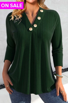 Blackish Green Button Long Sleeve V Neck T Shirt