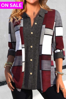 Dark Grey Button Geometric Print Shirt Collar Blouse