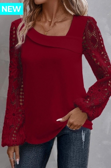 Wine Red Lace Long Sleeve Asymmetrical Neck Blouse