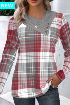Wine Red Patchwork Plaid Long Sleeve Asymmetrical Neck Sweatshirt