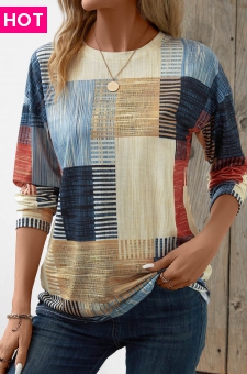 Multi Color Patchwork Geometric Print Long Sleeve T Shirt