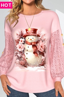 Christmas Lace Snowman Print Long Sleeve Round Neck Sweatshirt