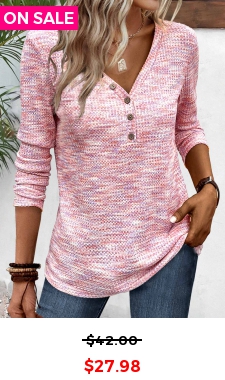 Light Pink Button Long Sleeve V Neck T Shirt