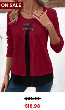 Plus Size Wine Red Fake 2in1 Long Sleeve Blouse
